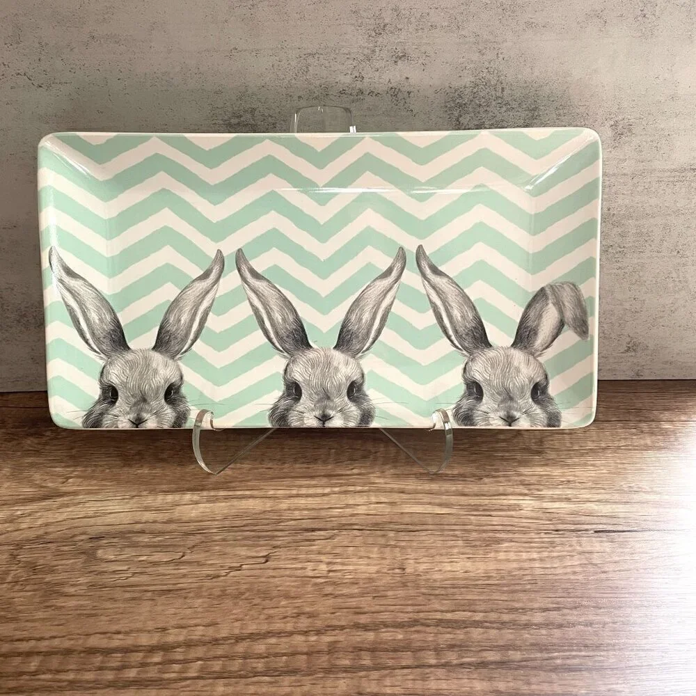 Pier 1 Easter Bunny Ears Chevron Stripe Porcelain Rectangle Platter 14.5